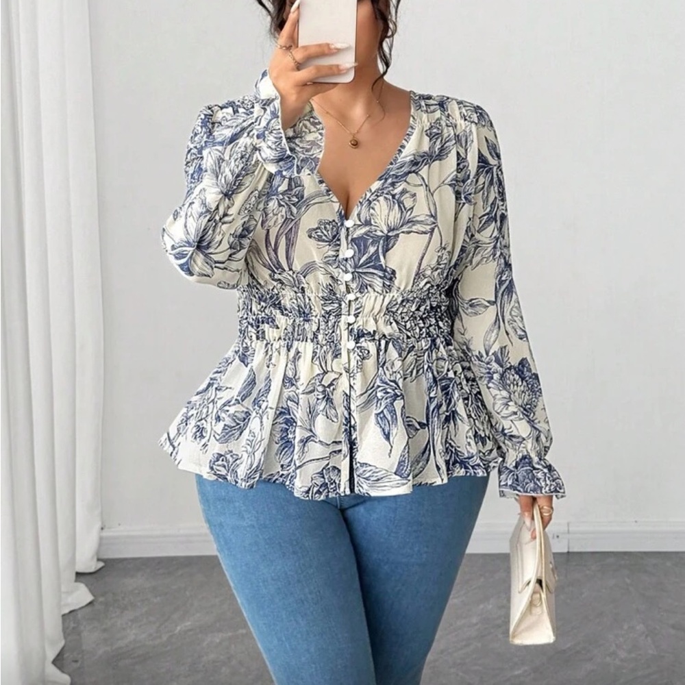 Plus Size Floral Print Smocked Waist Blouse Top Shirt